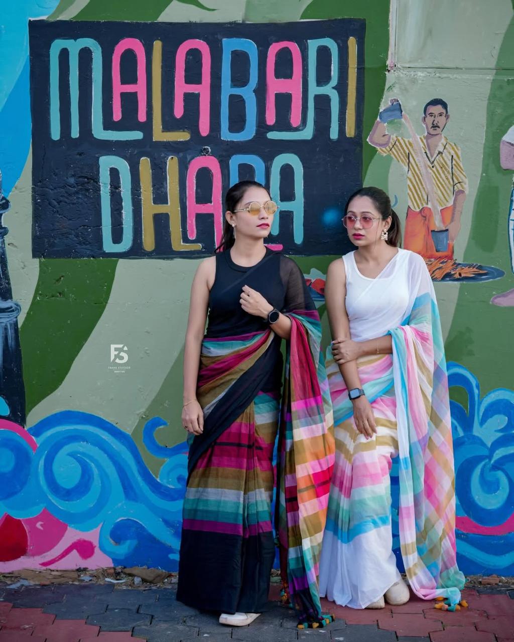 Linen Saree with Multicolour Stripes and Tassel Pallu