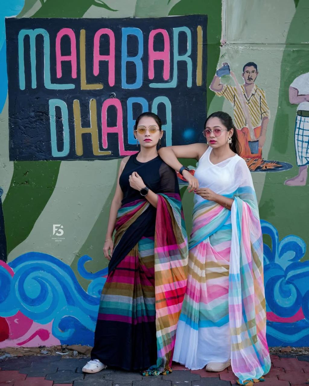 Linen Saree with Multicolour Stripes and Tassel Pallu