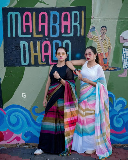 Linen Saree with Multicolour Stripes and Tassel Pallu