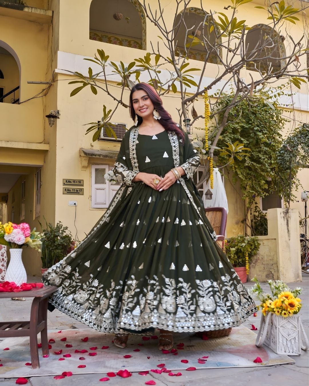 Long Embroidered Gown Set