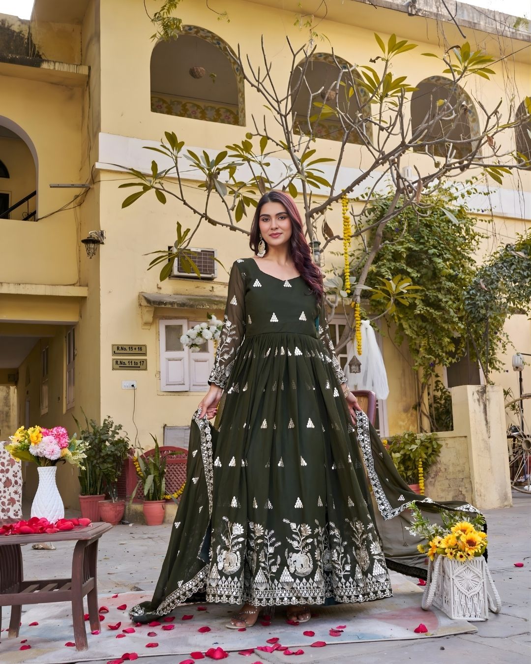 Long Embroidered Gown Set