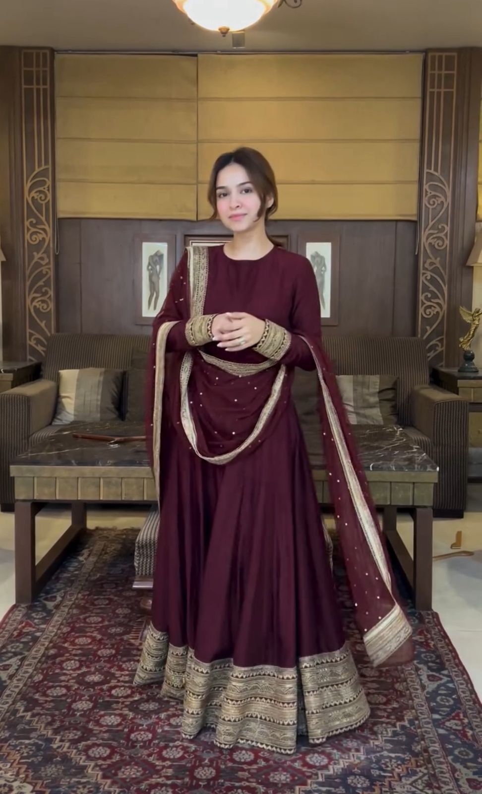Maroon Anarkali Gown with Antique Golden Embroidered Work
