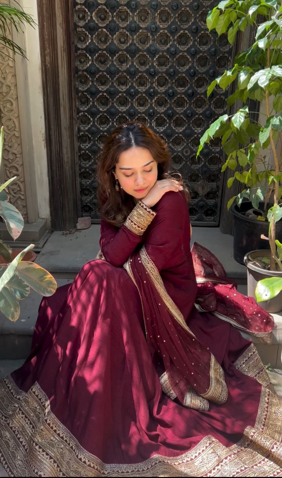 Maroon Anarkali Gown with Antique Golden Embroidered Work