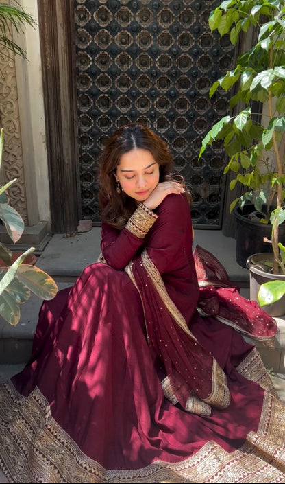 Maroon Anarkali Gown with Antique Golden Embroidered Work