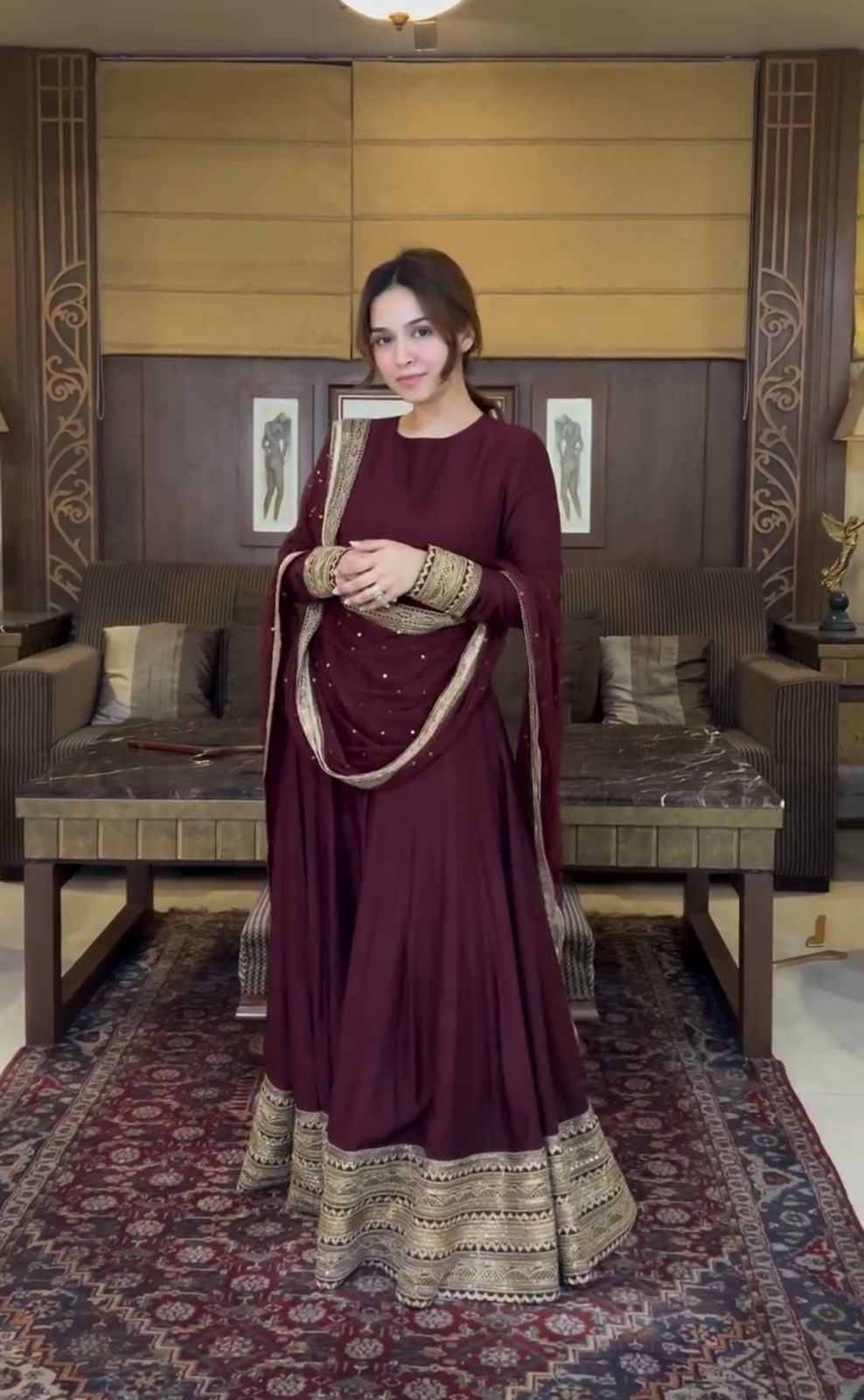 Maroon Anarkali Gown with Antique Golden Embroidered Work