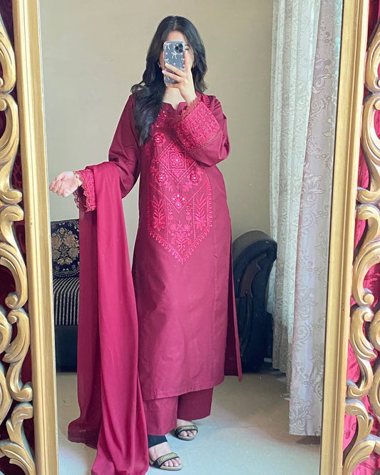 Maroon Cotton Embroidered Suit Set with Matching Dupatta