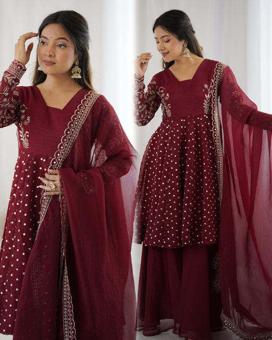 Maroon Silk Gown with Dupatta & Palazo for Women