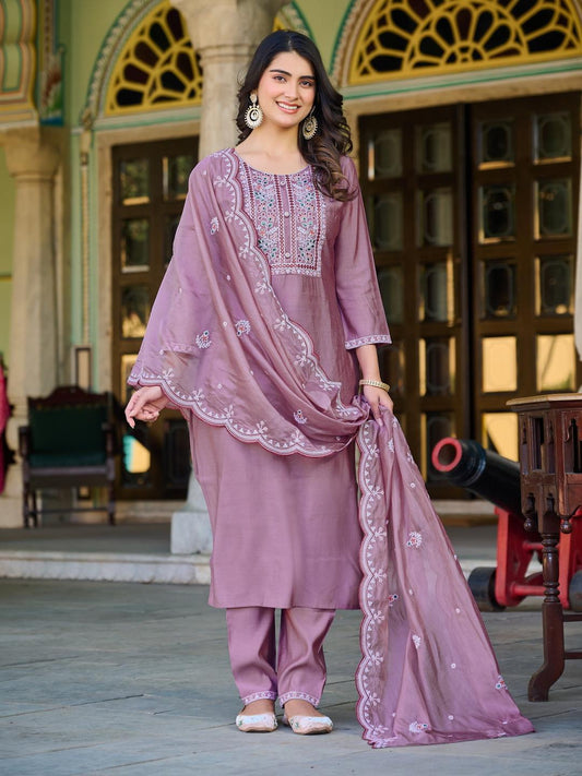 Mauve Roman Silk Embroidered Suit with Organza Dupatta