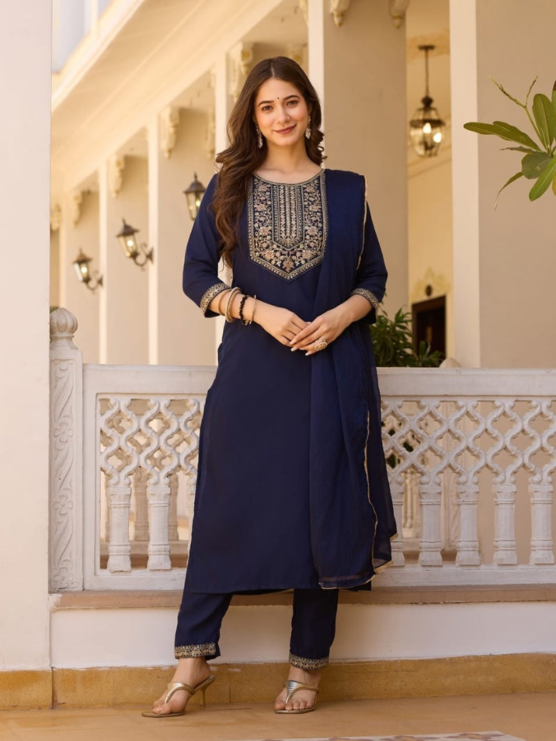 Modern Embroidered Kurti Set with Chinon Dupatta for Women