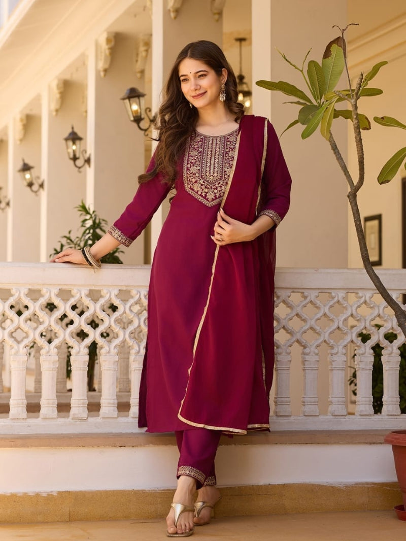 Modern Embroidered Kurti Set with Chinon Dupatta for Women