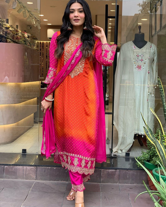 Multicolored Bandhani Suit with Pant and Dupatta for Women