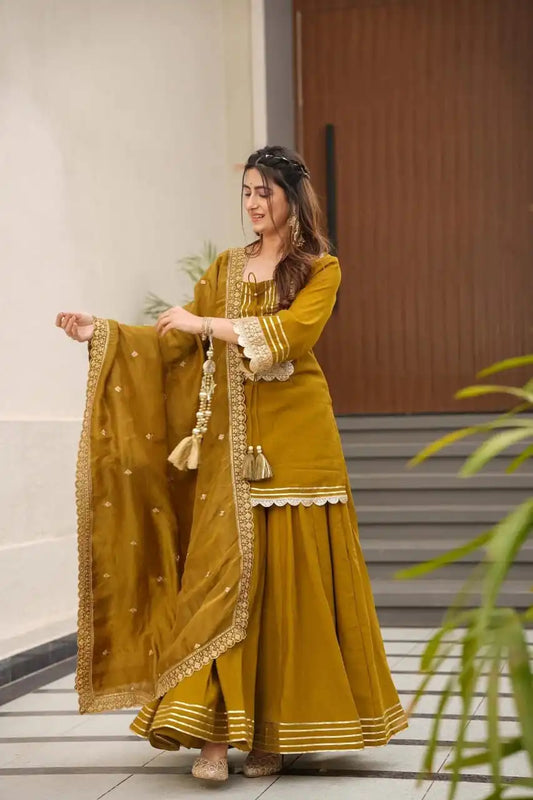 Mustard Soft Chinon Plazzo Suit