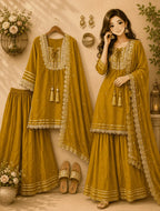 Mustard Soft Chinon Plazzo Suit