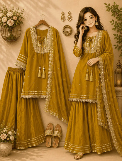 Mustard Soft Chinon Plazzo Suit