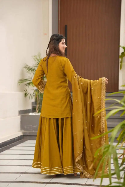 Mustard Soft Chinon Plazzo Suit
