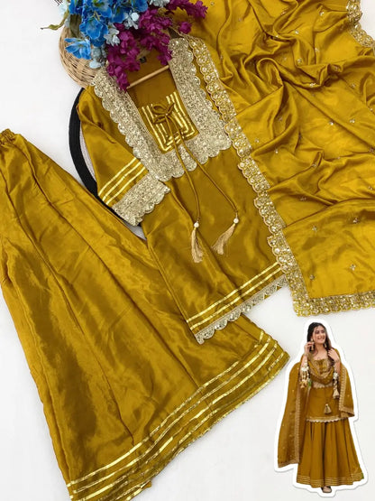 Mustard Soft Chinon Plazzo Suit