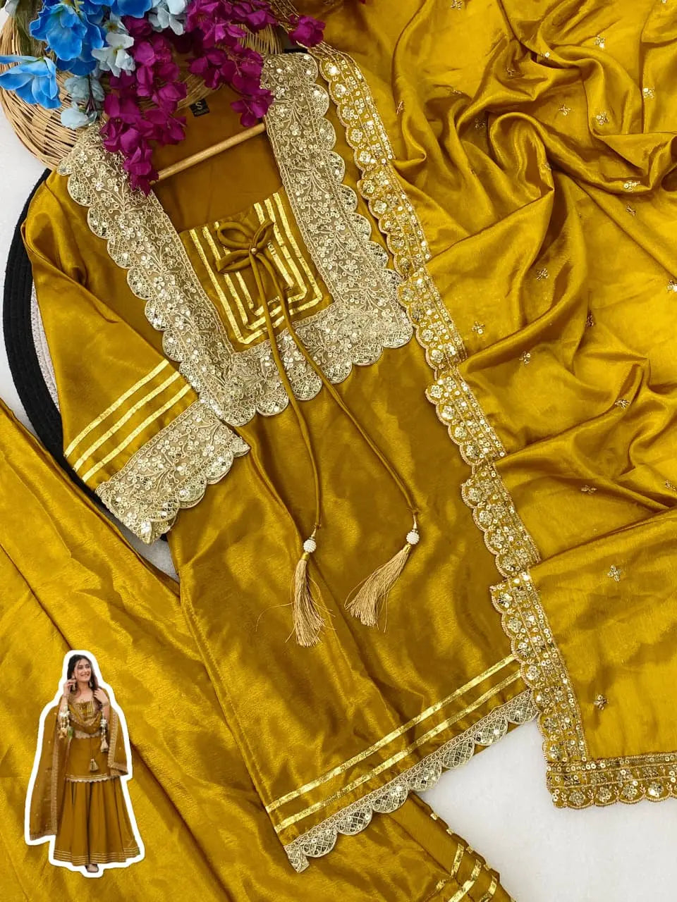 Mustard Soft Chinon Plazzo Suit