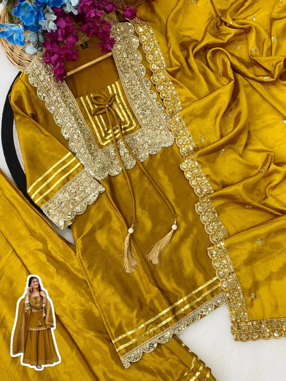 Mustard Soft Chinon Plazzo Suit