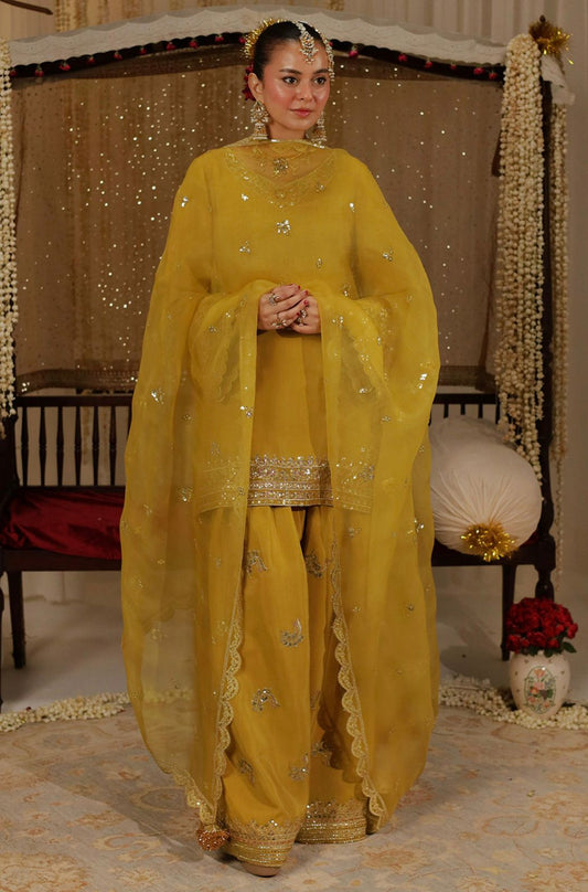 Mustard Yellow Embroidered Sharara Suit for Festive Occasions