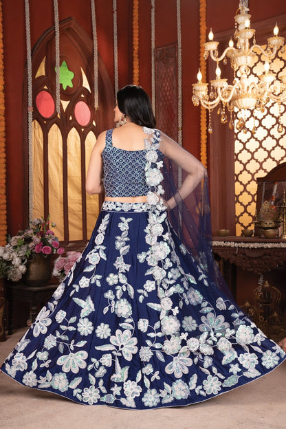 Navy Blue Floral Embroidered Lehenga for Wedding Events