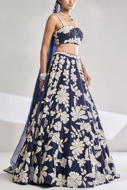 Navy Blue Floral Embroidered Lehenga for Wedding Events