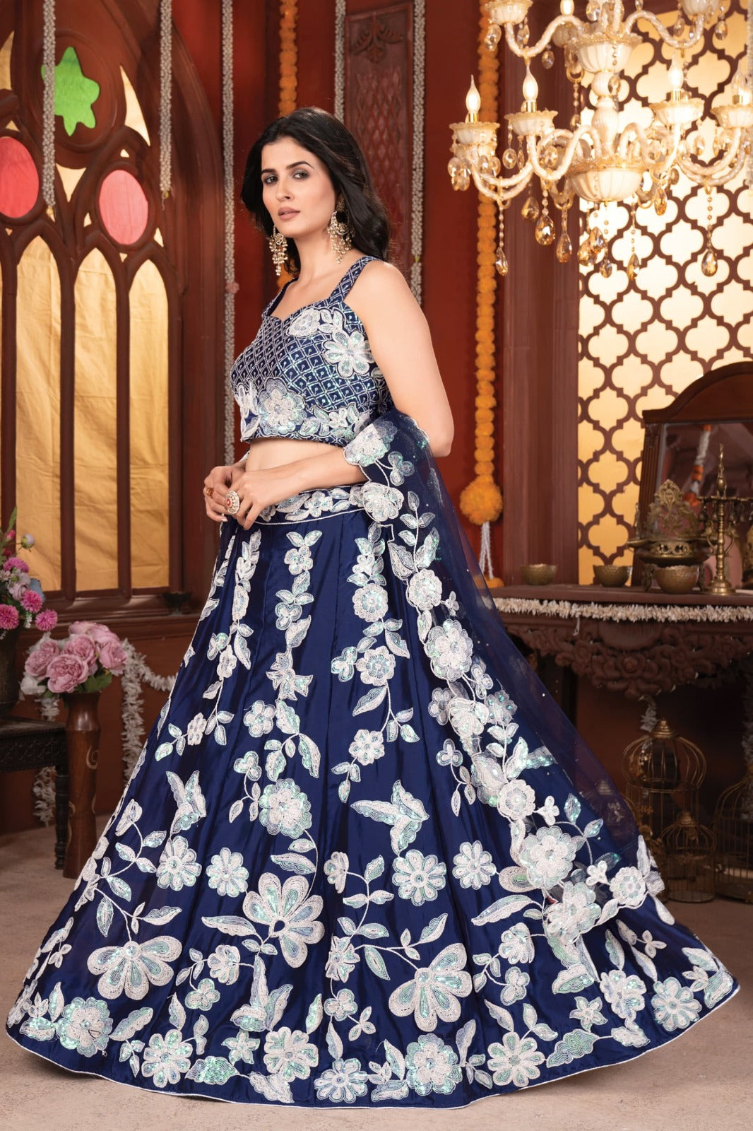 Navy Blue Floral Embroidered Lehenga for Wedding Events