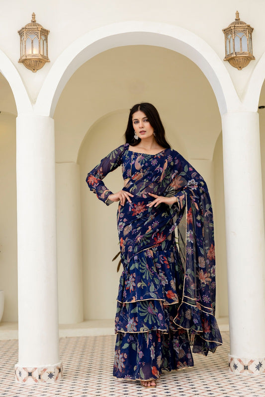 Navy Blue Organza Saree with Multicolor Floral Print