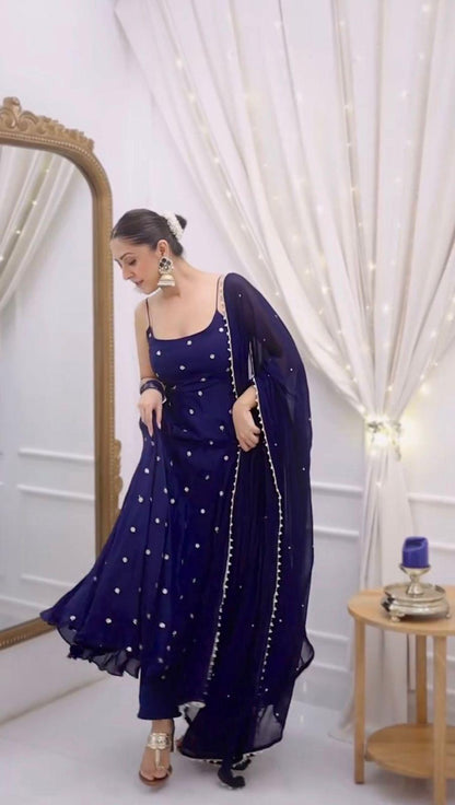 Navy Blue Silk Gown Set