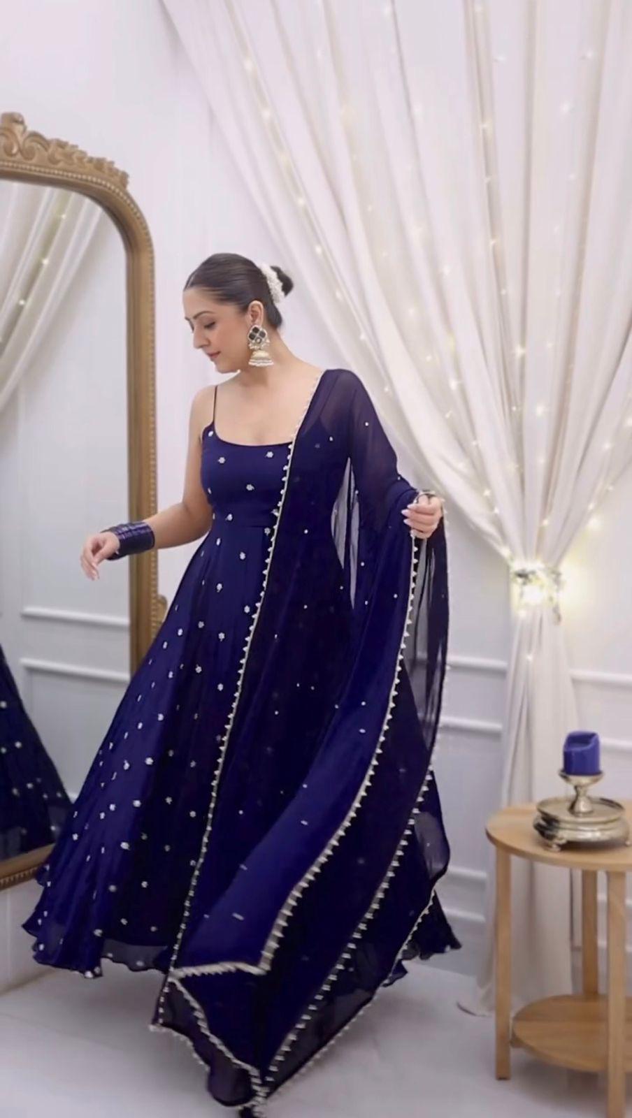 Navy Blue Silk Gown Set