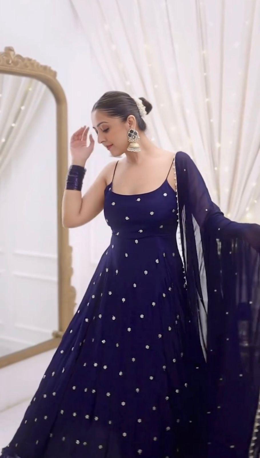 Navy Blue Silk Gown Set
