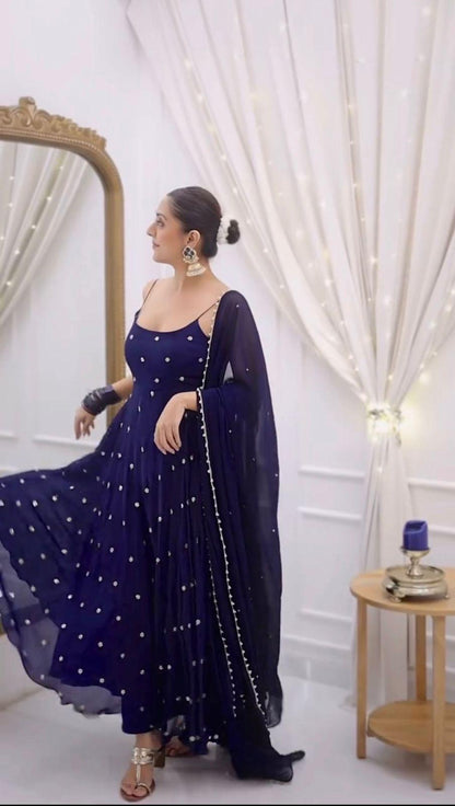 Navy Blue Silk Gown Set