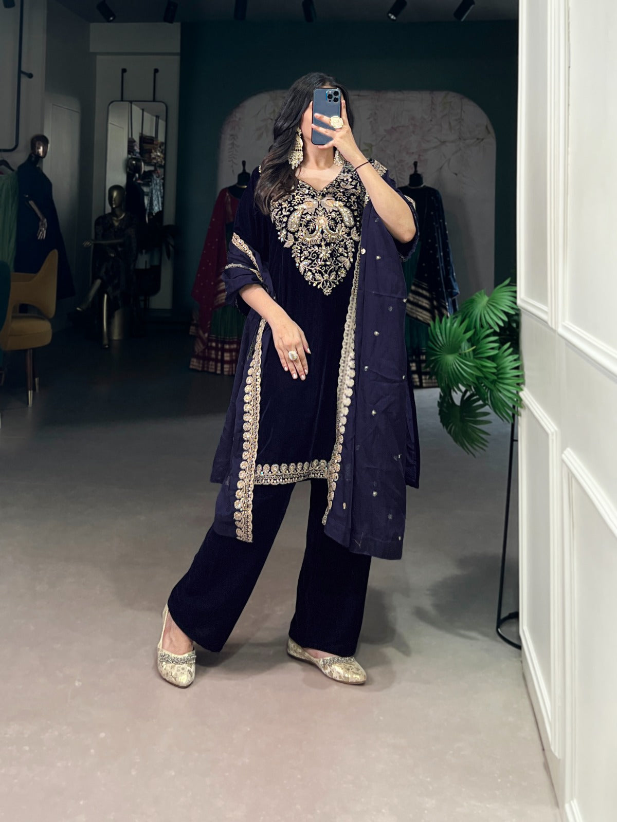 Navy Blue Velvet Suit Set with Heavy Embroidery Work