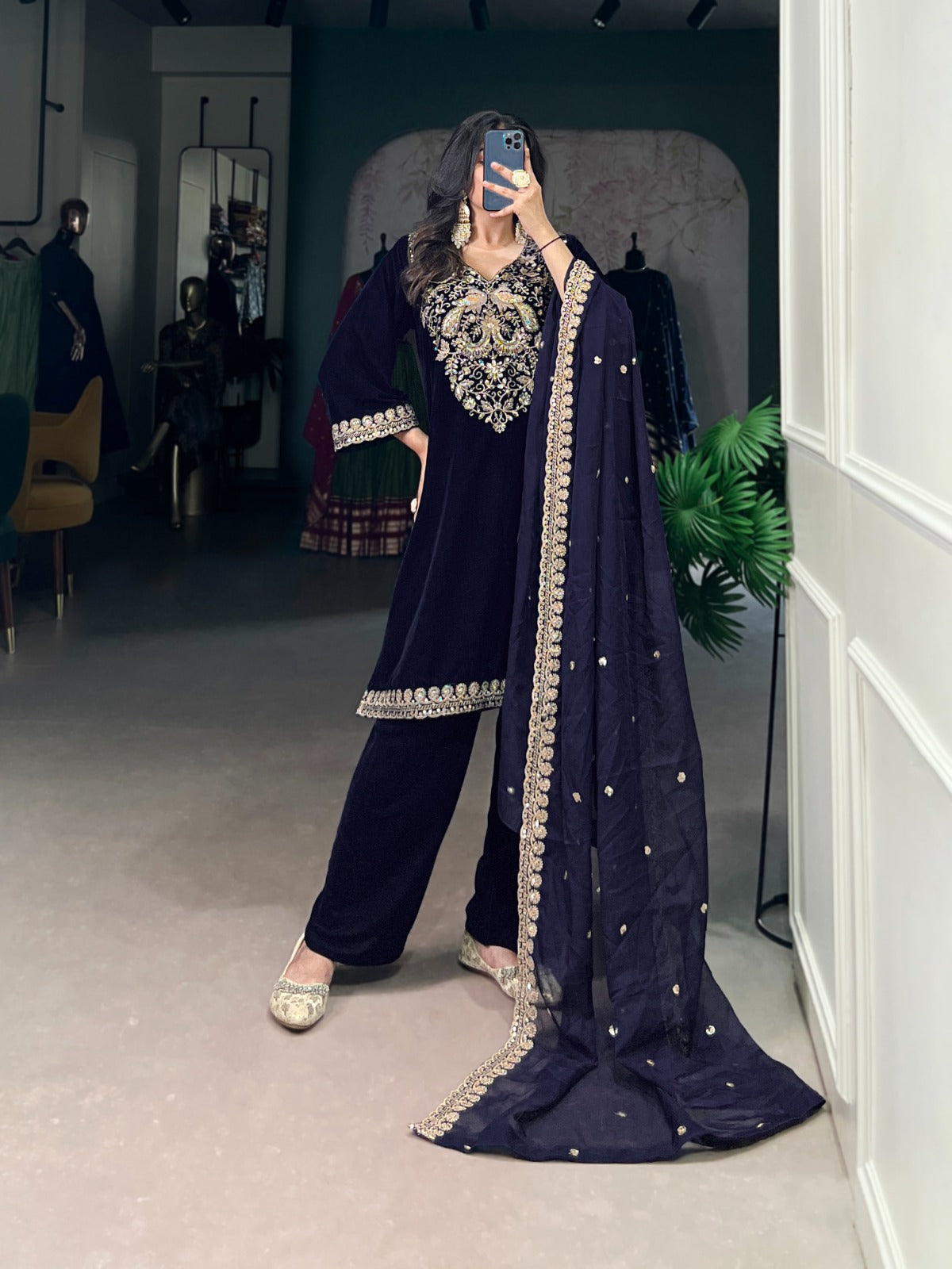 Navy Blue Velvet Suit Set with Heavy Embroidery Work