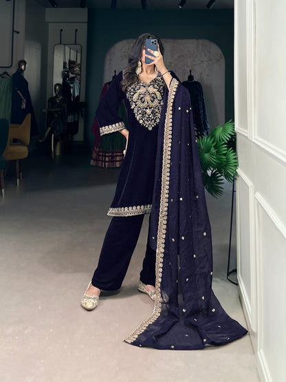 Navy Blue Velvet Suit Set with Heavy Embroidery Work