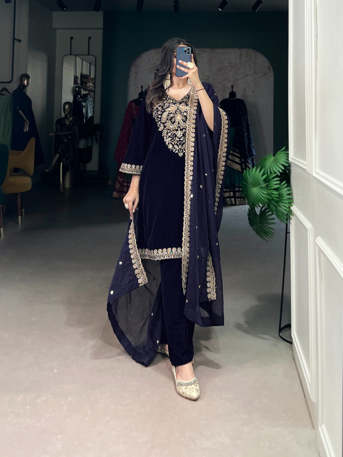 Navy Blue Velvet Suit Set with Heavy Embroidery Work