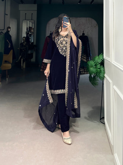Navy Blue Velvet Suit Set with Heavy Embroidery Work