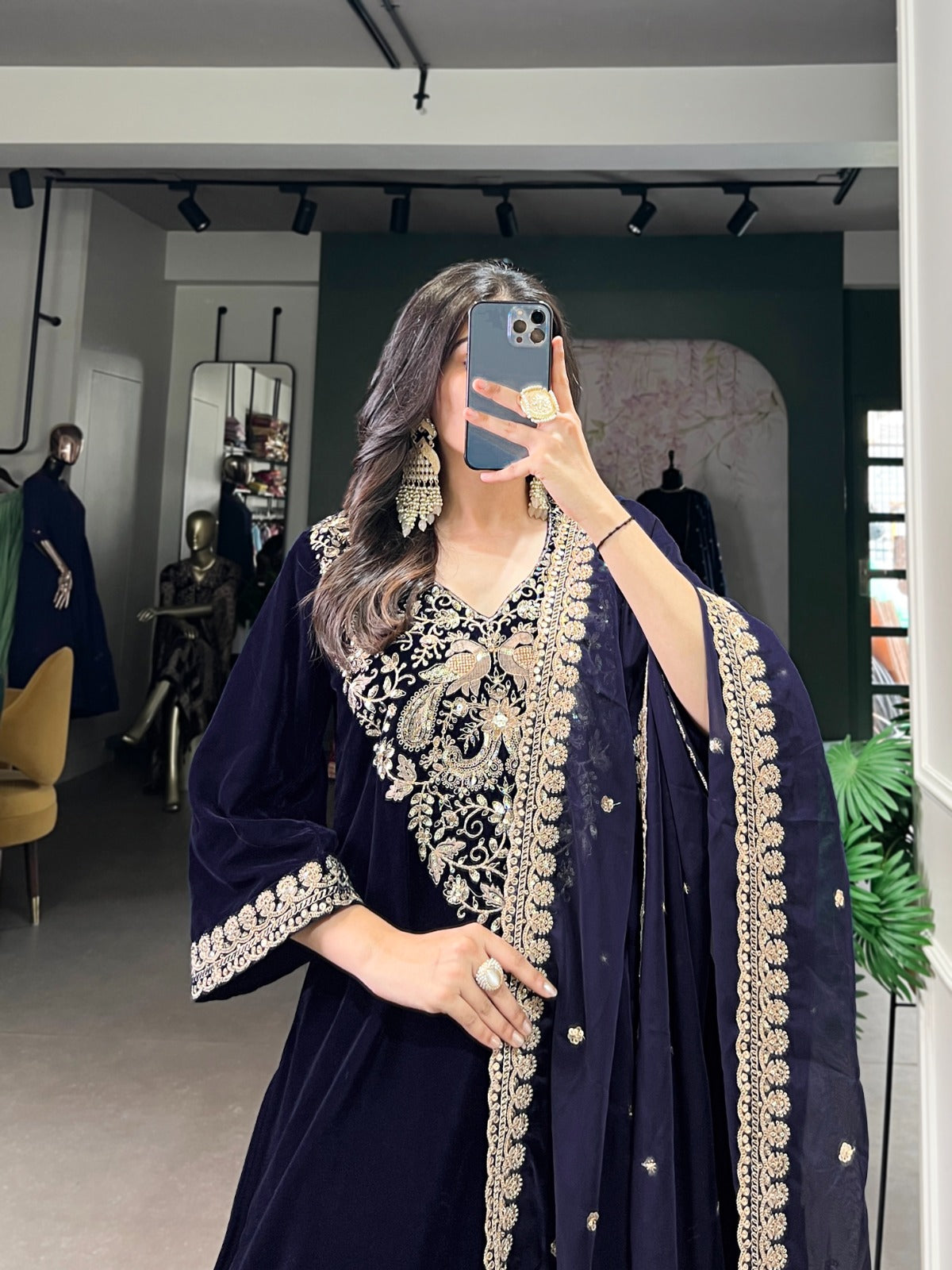 Navy Blue Velvet Suit Set with Heavy Embroidery Work