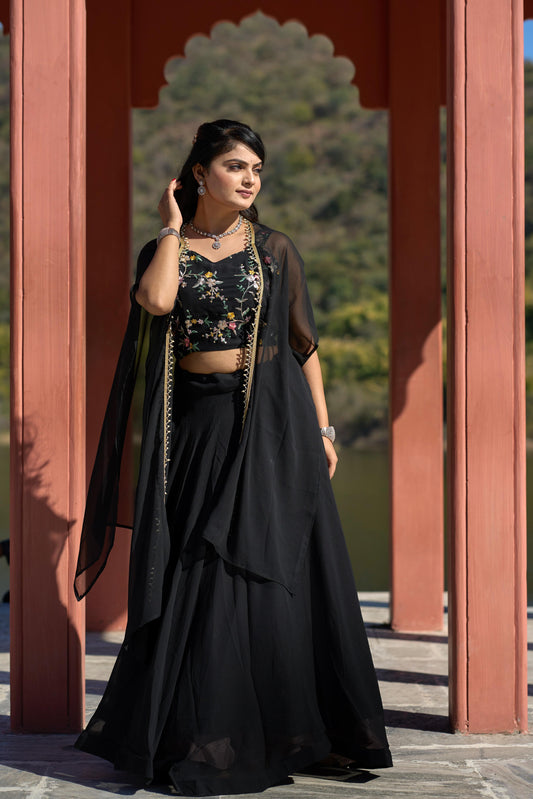 New Designer Black Embroidered Lehenga Set