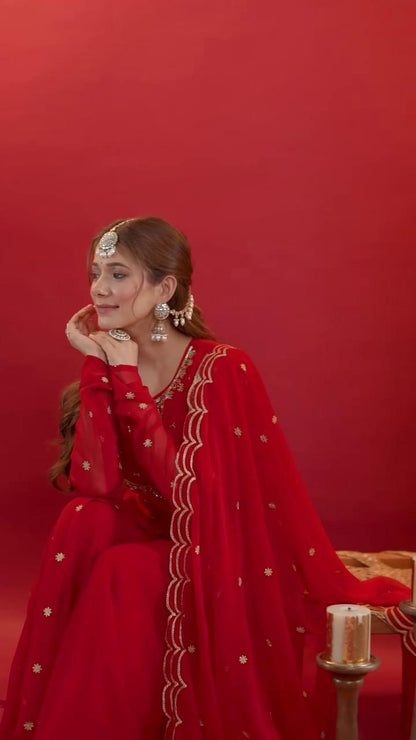 New Red Gown Plazzo Set for Karwa Chauth