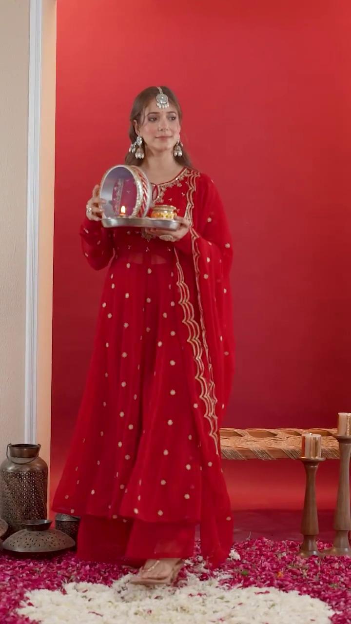 New Red Gown Plazzo Set for Karwa Chauth