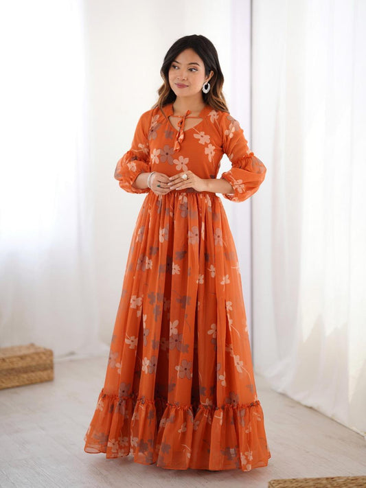 Orange Floral Georgette Gown for Women