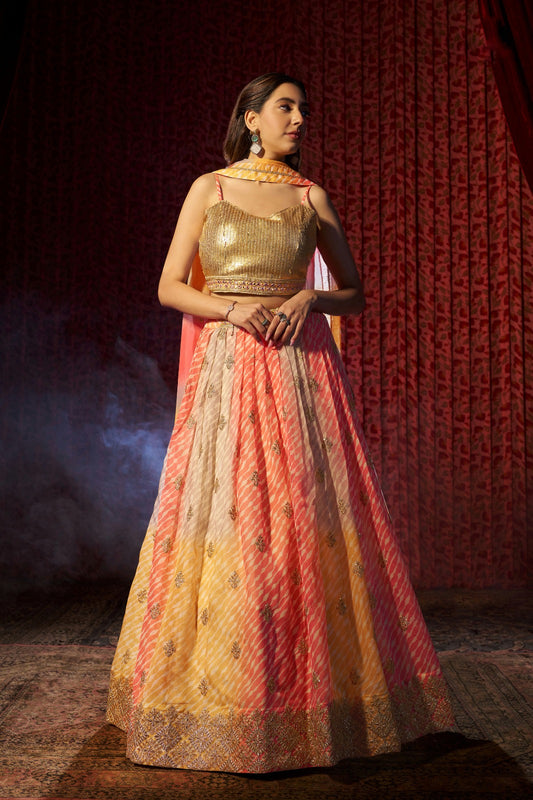 Organza Embroidered Lehenga Set with Mirror Work Dupatta