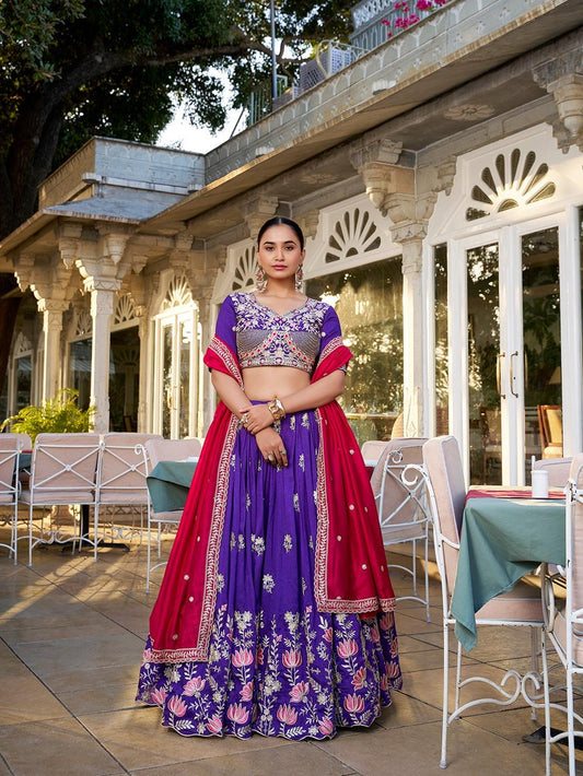 Party Wear Purple Lehenga Choli with Red Dupatta
