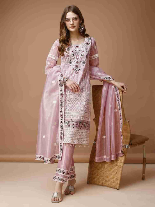 Pastel Pink Embroidered Organza Suit Set with Dupatta