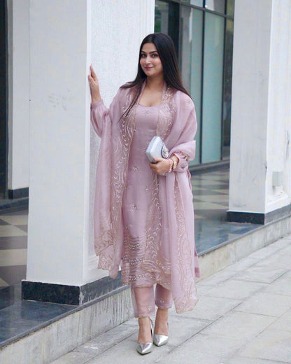 Pastel Pink Embroidered Suit Set with Organza Dupatta