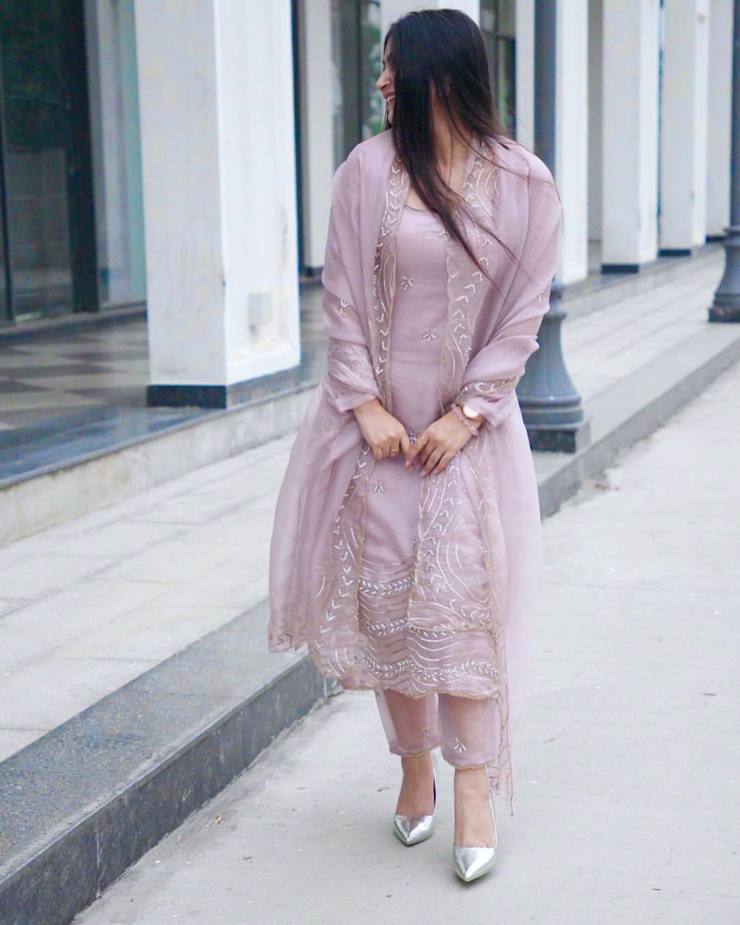 Pastel Pink Embroidered Suit Set with Organza Dupatta