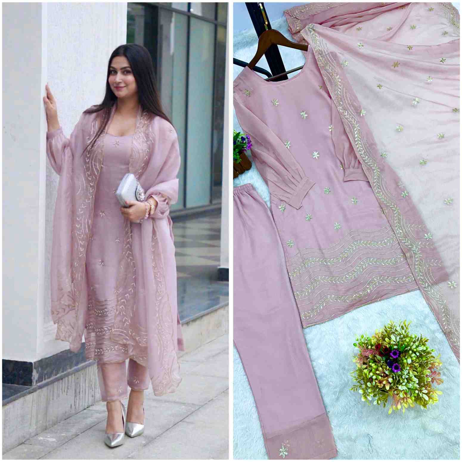 Pastel Pink Embroidered Suit Set with Organza Dupatta