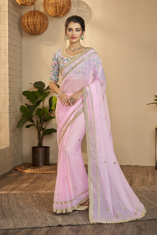 Pastel Pink Organza Saree with Zari & Sequin Embroidery