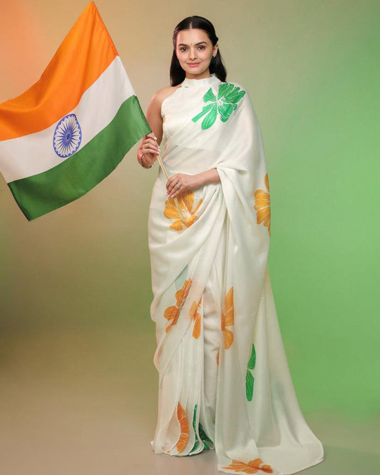 Patriotic White Saree with Tricolor Floral Print for Women