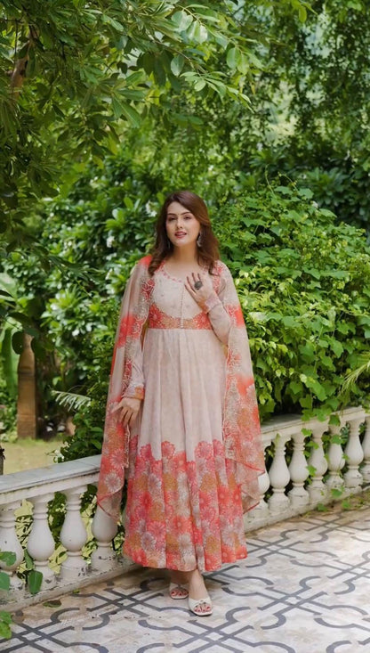 Peach Floral Anarkali Suit with Dupatta for Women
